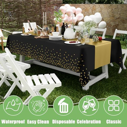 Smiry Disposable Rectangle Plastic 54 x 108 Inch Table Cloth 3 Pack - color: Black and Gold