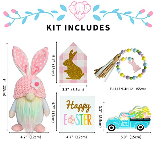 Easter Decorations, 5Pcs Easter Gnome Tiered Tray Decor, Glitter Easter Wood Signs, Truck Full of Eggs, Easter Bunny Gnome, Spring Easter Bead Garland, Rustic Farmhouse Spring Easter Decor - style: Easter