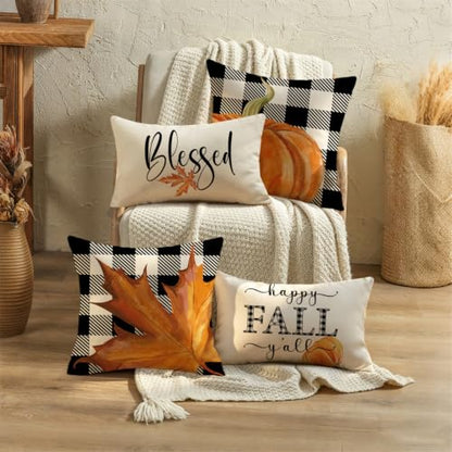 Fall Pillow Covers 12x20 Thanksgiving Farmhouse Decorations Buffalo Plaid Pumpkin Maple Leaf Outdoor Fall Decor Throw Pillow Covers Blessed Autumn Harvest Cushion Case for Sofa Couch Set of 4 - size: 20" x 12" (Pack of 4)