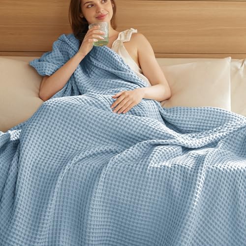 Bedsure Lightweight 100% Cotton Waffle Blanket, Queen, Celestial Blue - color: Celestial Blue, size: Queen (90" X 90")