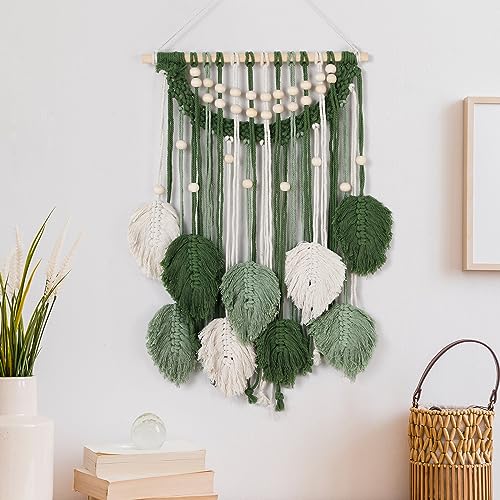 Newwiee Green Macrame Wall Hanging,27.6 x 15.8 Inch Boho Leaf Woven Tapestry Green Handmade Woven Leaves Feather Decorations for Bedroom, Living Room, Nursery, Apartment