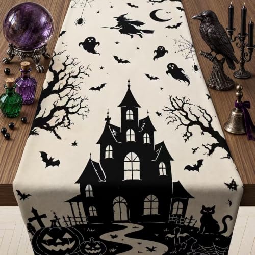 Halloween Decorations - Gothic Haunted House Witch Ghost Bat Table Runner - color: Halloween Haunted House