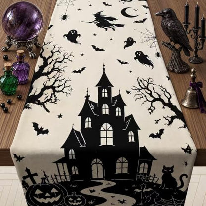 Halloween Decorations - Gothic Haunted House Witch Ghost Bat Table Runner - color: Halloween Haunted House