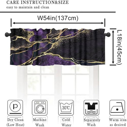 Purple Marble Window Valance, Abstract Modern Luxury Gold Black Cracked Lines Print Blackout Short Curtain Treatment for Home Kitchen Bedroom Living Room Cafe, 54x18inch - color: Marble-23