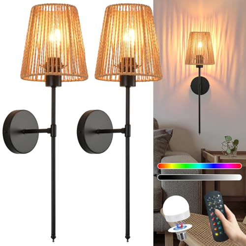 Battery Operated Wall Sconces Set of two, Black Rattan Shade Wireless Wall Lights with Remote Rechargeable Bulbs, 15 Colors and Dimmable, Cordless Battery Powered Wall Lamp for Living Room Bedroom - color: Black 24.4 Inch