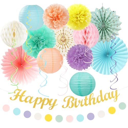 Pastel-Rainbow Classroom Girls Birthday Party-Decorations - 21pcs Happy Banner Decor, Colorful Paper Streamers Lanterns,Tissue Pom Poms Fan,Hanging Honeycomb Garland, Two Sweet Easter Supplies Huglony - color: Macaron