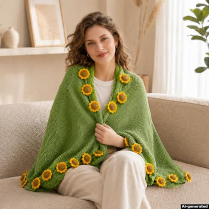 Sunflower Crochet Flower Bouquet Blanket, Handmade Knitted Throw Blanket - color: Green Sunflower, size: Large