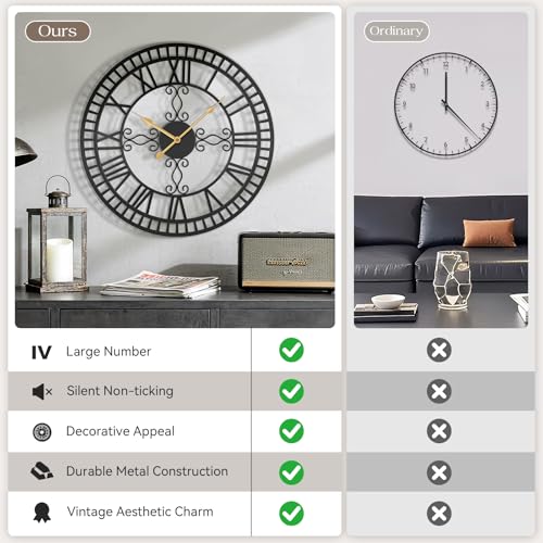 30" Large Wall Clock Decorative for Living Room, Black Metal Roman Numeral Big Clock Completely Silent, Oversized Wall Clocks Battery Operated for Kitchen, Bedroom, Fireplace - size: 30 inch