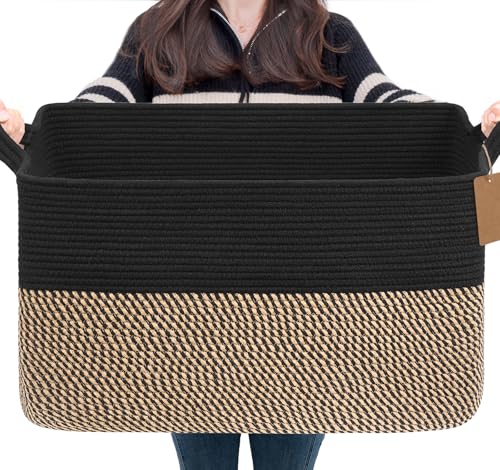 Goodpick 75L Extra Large Woven Blanket Basket, Rectangle, Black & Jute - color: Black Jute, size: 22"L x 17"W x 12"H