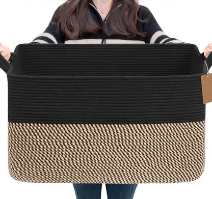 Goodpick 75L Extra Large Woven Blanket Basket, Rectangle, Black & Jute - color: Black Jute, size: 22"L x 17"W x 12"H