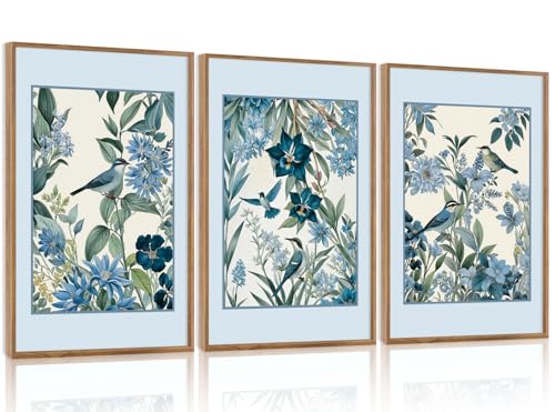 Aurlan 3 Pcs Blue Birds Flowers Framed Canvas Wall Art 16x24 Inch - color: Blue Birds on Botanical, size: 16"L x 24"W