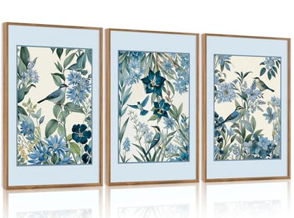 Aurlan 3 Pcs Blue Birds Flowers Framed Canvas Wall Art 16x24 Inch - color: Blue Birds on Botanical, size: 16"L x 24"W