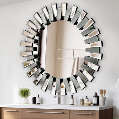 QDSSDECO 32" x32" Round Sunburst Wall Mirror, Frameless Beveled Edge - color: Round, size: 32"L x 32"W