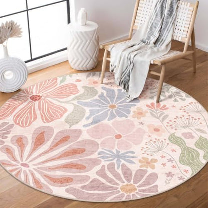 MUJOO Round Rug 4ft Small Circle Area Rug Washable Non Slip Floral - color: Pink, size: 4' (Round)