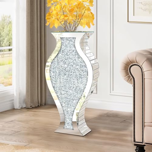 27" Tall Crushed Diamond Floor Vase, Fish-Shaped Silver Large Vases for Decor Living Room, Crystal Mirrored Home Decor Vases for Dried Flower - size: 12.8"L x 5"W x 27"H