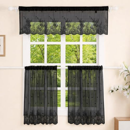 Molaxhome Kitchen Curtains Valance Black Lace Floral Semi Sheer Curtain - color: Black, size: 51"W x 16"L (Pack of 1)