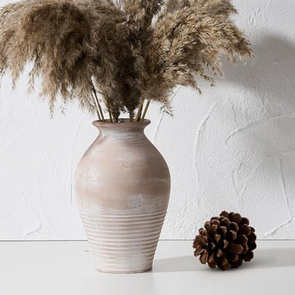 Ceramic Rustic Farmhouse Vase, 9.2 inch Whitewashed Terracotta Vase - color: Terracotta White