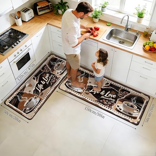 Kitchen Rugs Non Slip, Vintage Coffee Kitchen Mats for Floor, Machine Washable Soft Faux Wool Comfort Cushioned Runner Rugs for Sink, Laundry Room, Office, Hallway, 20"x47" - color: Coffee Kitchen Mat, size: 1'8" x 3'11" (Runner)