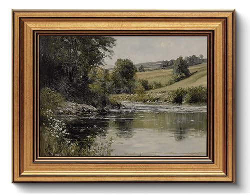 Vintage River Landscape Gold Framed Canvas Wall Art 8x10 inch - color: Stream landscape, size: 10"L x 8"W