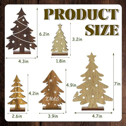 Christmas Decorations Indoor - 5PCS Wooden Christmas Trees Tabletop Shelf Decor Rustic Christmas Decorations Table Centerpieces Wooden Trees Sign for Home Office Fireplace Farmhouse Xmas Party
