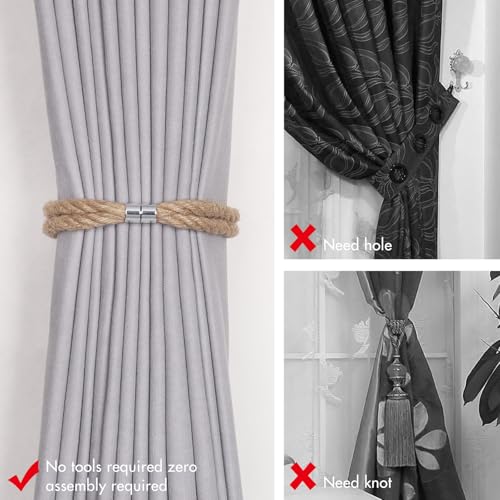 NICEEC 2 Pack Natural Jute Rope Curtain Tiebacks Elegant Boho Style Magnetic Drape Tie Backs Soft Hand-Woven Rope Curtain Holdbacks for Home & Office Drapery (Jute knot-02) - color: Jute Knot-02, size: 2 Pack