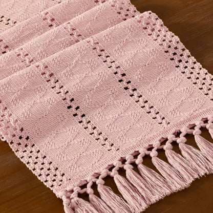 DeZerlor Pink Boho Macrame Farmhouse Woven Table Runner 36Inch - color: Pink, size: 12" x 36"