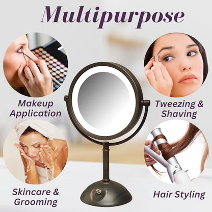 JERDON Tabletop Makeup Mirror with Lights - 1X/8X Magnification - Bronze 8.5" Vanity Mirror - Model HL8808BZL - color: Bronze