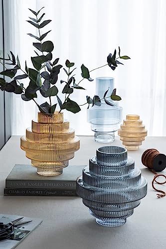 T2 Concept 9x9x10” Clear Amber Luster Glass Accent Vase with Modern Geometric Tiered Design Home Decor Flower Vase for Mantel Tabletop Shelf Office Event