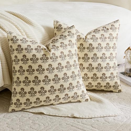 Vintage Floral Pillow Covers 20x20 Set of 2 Farmhouse Block Print Decorative Throw Pillow Covers Rustic Cushion Covers Neutral Accent Couch Pillows for Living Room Sofa Bed Decor Dusty Brown - color: Vintage Brown, size: 20" x 20" (Pack of 2)