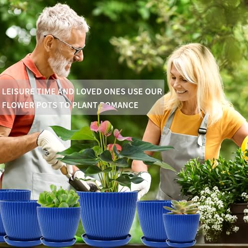 Plant Pots Indoor with Saucers & Drainage - 6 Pack Flower Pots - Plastic Planters for Indoor Planter - 7.5/6.6/5.8/5.0/4.3/3.5 inches Sizes for All Different Types of Plants-Dark Blue - color: Dark Blue