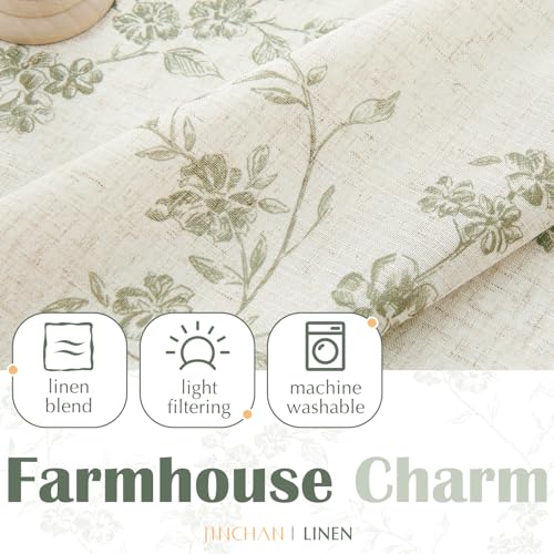 jinchan Green Floral Kitchen Tier Curtains Alisa 24 Inches Tie Top 2 Panles - color: Alisa Green on Linen, size: 26"W x 24"L (Pack of 2)