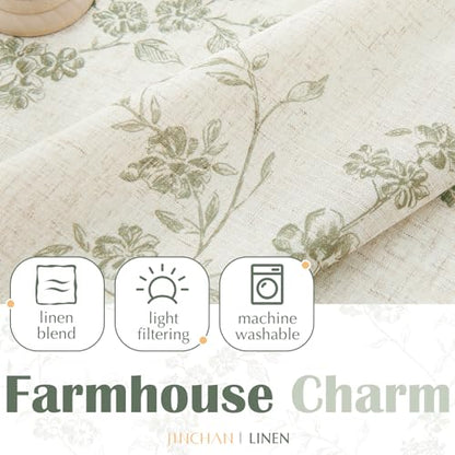 jinchan Green Floral Kitchen Tier Curtains Alisa 36 Inches Tie Top 2 Panles - color: Alisa Green on Linen, size: 26"W x 36"L (Pack of 2)