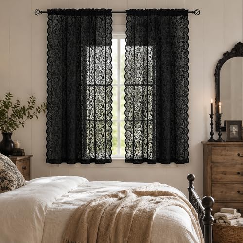 ALIGOGO Black Lace Curtains for Bedroom, Gothic Style, 52W x 63L Inch - color: Black, size: 52"W x 63"L (Pack of 2)
