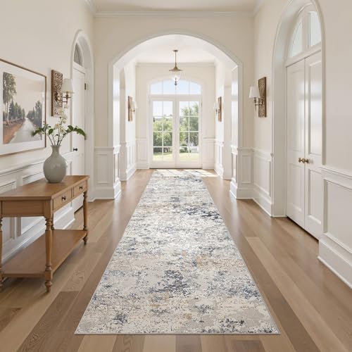 DMOYEST Washable Runner Rug for Hallway: 3x12 Neutral Modern Abstract Low Pile Area Rug with Non-Slip Backing - Carpet for Bedroom Kitchen Laundry Entryway Bathroom Indoor -Beige Blue - color: Beige Blue, size: 3' x 12' (Runner)