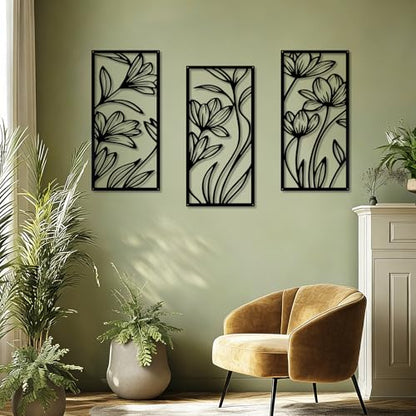 YIYA 3 Pcs Black Metal Flower Wall Art Minimalist Floral Line Art Sculpture 16.9" x 7.9" Rustic Iron Hanging Decor for Living Room Bedroom Bathroom（Lily） - style: lily