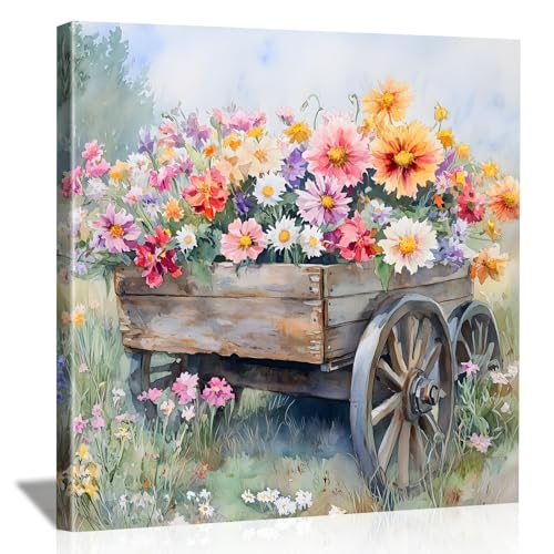 LJXDUBAF Vintage Floral Canvas Wall Art,Rustic Meadow with Flowers Landscape Framed Poster, Farmhouse Style Artwork for Living Room Bedroom Bathroom Kitchen Decor (Flower 03, 24L×24W) - color: Flower 03, size: 24L"×24W"