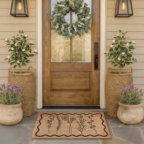 Dunzy Floral Door Mat Outdoor Black Scalloped Welcome Mat for Front Door - style: Wildflower