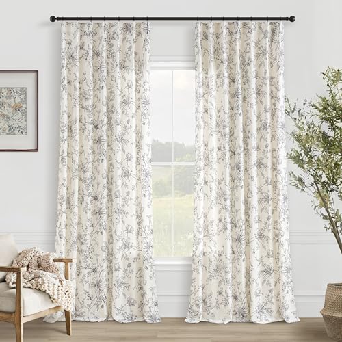 Linen Semi Sheer Curtains 96 Inches Long Pleated Black Floral Print Drapes - color: Black, size: 40"W x 96"L (Pack of 2)