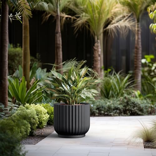 Kante 16.7" Round Concrete Pedestal Planter, Black Ribbed Flower Pot - color: Black, size: 16.7"Dia x 14.6"H