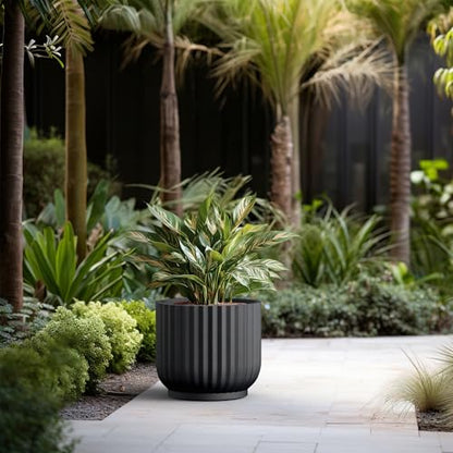 Kante 16.7" Round Concrete Pedestal Planter, Black Ribbed Flower Pot - color: Black, size: 16.7"Dia x 14.6"H