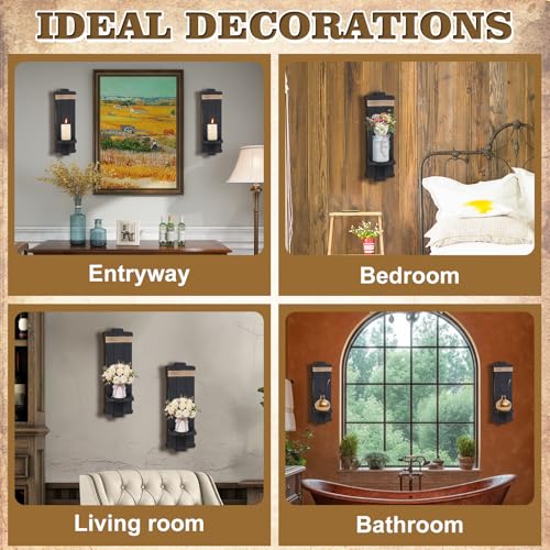 Alphatool Handmade Wooden Candle Sconces Set of 2 Farmhouse Wall Decor - color: Black