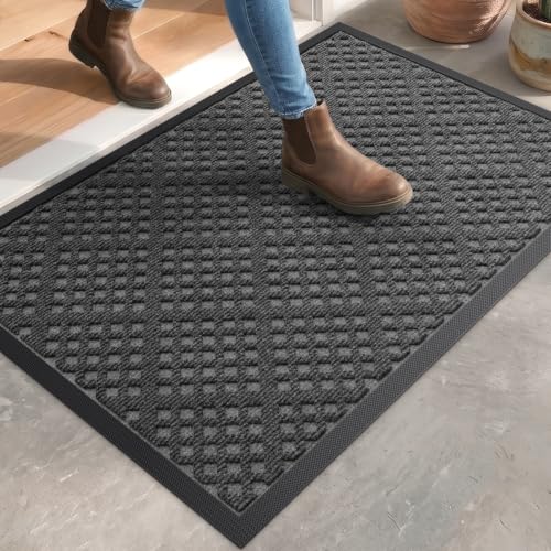DEXI Front Door Mat Outside Entrance 17x30 Heavy Duty Rubber Entry Doormat | Rhombic Grey, Dirt Trapper, Non Slip Low Profile Floor Mats for Entryway Exterior Patio - color: Rhombic Grey, size: 17" X 30" (Rectangular)