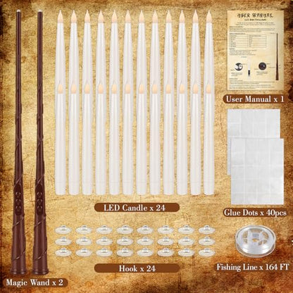 24 Pcs Halloween LED Magic Hanging Floating Candles, Taper Flickering Flameless with 2 Magic Wands - Candle Set for Halloween, Christmas, Weddings, Birthdays & Fantasy Ambiance... - color: 24Pcs-Floating flameless candles