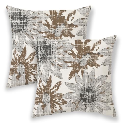 BETGINY Grey Brown Pillow Covers 18x18, Gray Vintage Sunflower Outdoor Decorative Throw Pillows for Couch, Retro Floral Decor Cushion Cover 2 Pcs Soft Farmhouse Square Pillowcase for Bed Safa - color: Grey Brown, size: 18" x 18" (Pack of 2)
