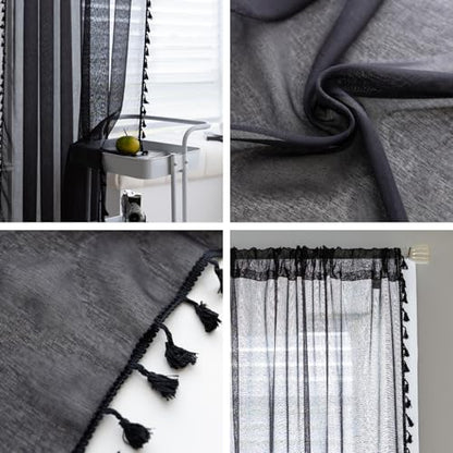 Black Sheer Curtains 63 inch Long, Fringed Edges and Textured Semi Sheer Curtains Large Window Treatments for Living Room/Bedroom, 2 Panels - color: Black, size: 52"W x 63"L (Pack of 2)