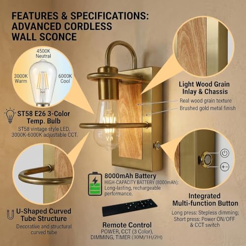 Gold Wall Sconces Battery Operated Set Of 2, Rechargeable Wall Lights - color: Gold Light Wood, size: 3 Color