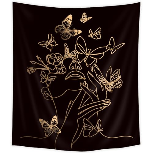 Simple Woman Tapestry Flower Butterfly Line Aesthetic Modern Wall Hanging - color: Black Simple Woman, size: 59"L x 51"W