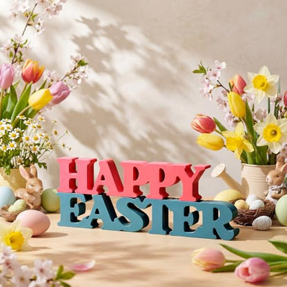 Yalikop Pastel Easter Table Decorations Happy Easter Sign for Home Wooden Sign Blocks Indoor Home Decorative Signage for Tables Office Wall Shelf Desk Shelf Mantel Farmhouse - style: Easter