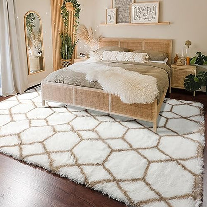 Area Rugs for Living Room, 5x8 Fluffy White and Beige Bedroom Geometric Rug - color: Z- White / Beige, size: 5' x 8' (Rectangular)