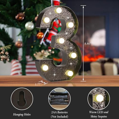 Black Glitter LED Marquee Number 3, Warm White Light Decor Sign - size: Number-3